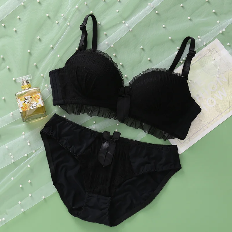 Cute Japanese Women Lace Bra Sets Knot Underwear Backless Young Girls Unline Lingerie Floral Soft Comfortable Bra & Brief Sets