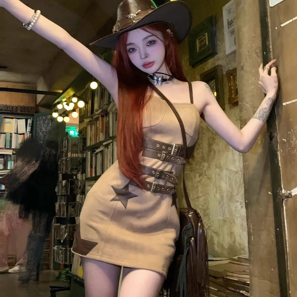 

New Y2k Sexy Dress Little Star Printed Tie Waist Sling Design Package Hip Skirt Spring Summer Fashion High Street Short Skirt