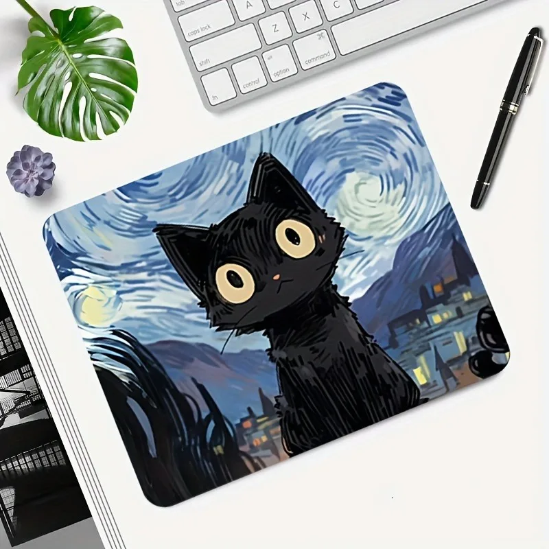Starry Night mouse pad with cute black cat, study and office use, office accessories, rectangular workstation pad - durable, wat 2