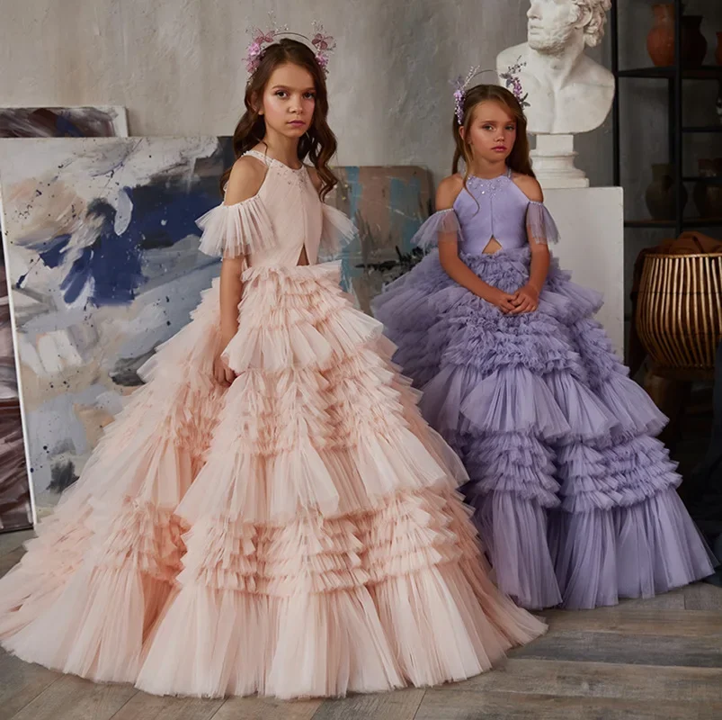 

GUXQD модные детские платья с цветами для девочек тюлевые Детские свадебные вечерние платья со шлейфом