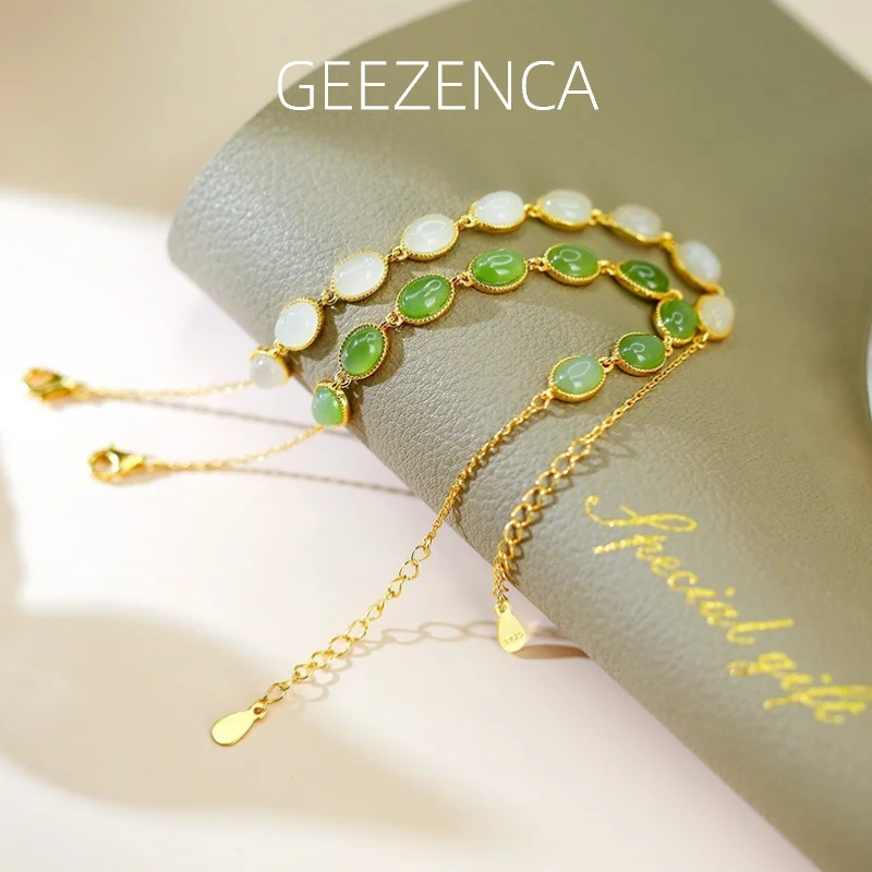 

GEEZENCA 925 Silver Oval Natural White Jade Jasper Bracelets For Women 18K Gold Minimalism Chic Bangle Bracelet 2023 New Gift