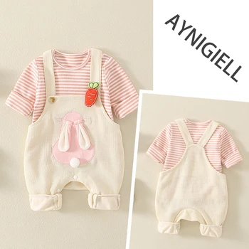 AYNIGIELL مجموعة ملابس الأطفال للربيع والخريف على شكل أرنب كرتوني بعمر 0-3 سنوات للأطفال بأكمام طويلة، سروال بحزام طقم مكون من قطعتين 3