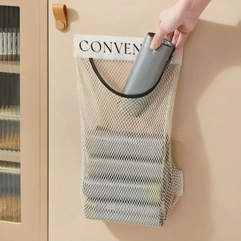 Wall Mount Mesh Storage Bag Garbage Bags Holder Plastic Shopping Bags Dispenser Sundries Bag Net Storage Grocery Bag Organizer