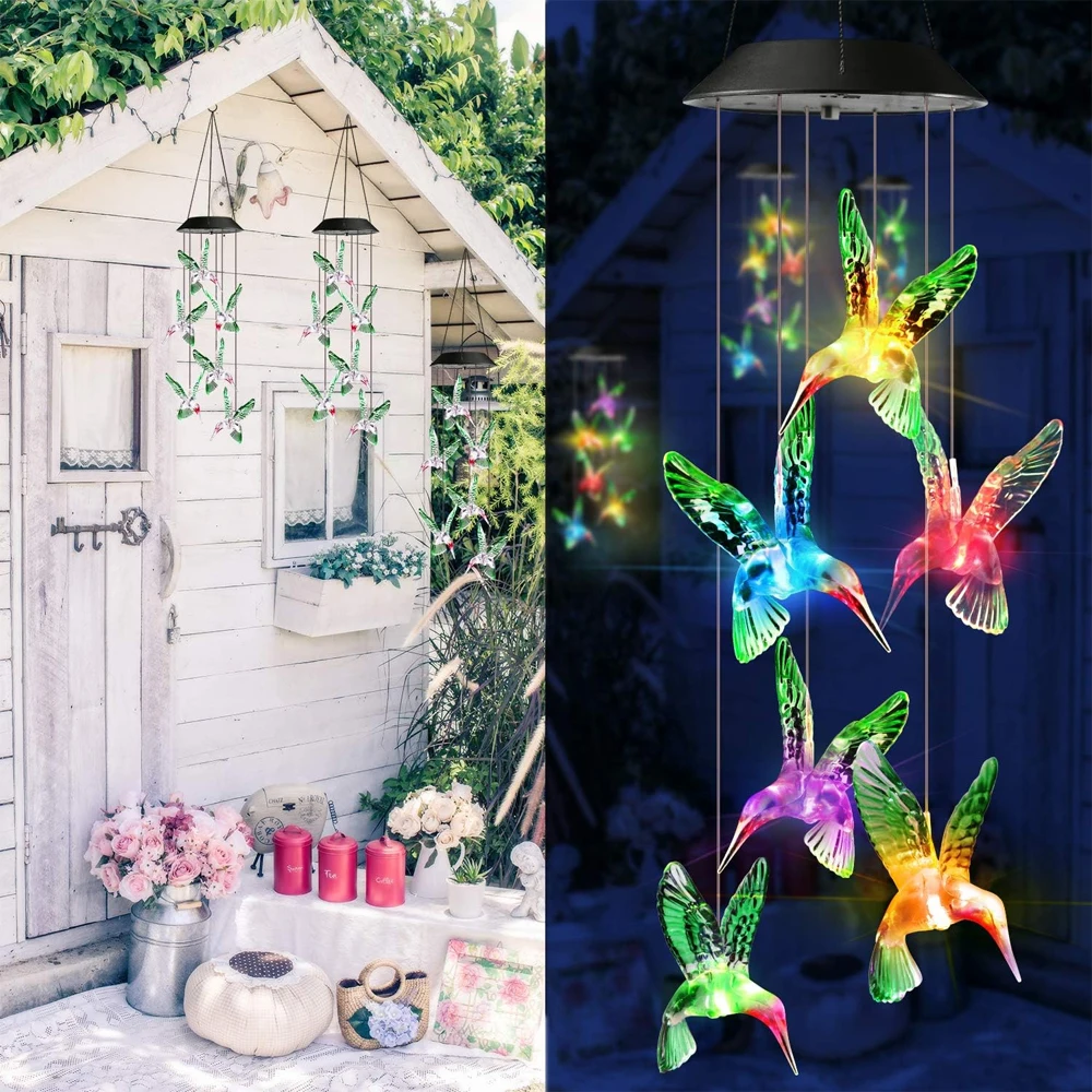 Hummingbird Wind Chimes Outdoor, Solar Powered Lights with Color Changing, Waterproof LED Wind Chime for Yard Party Garden Decor