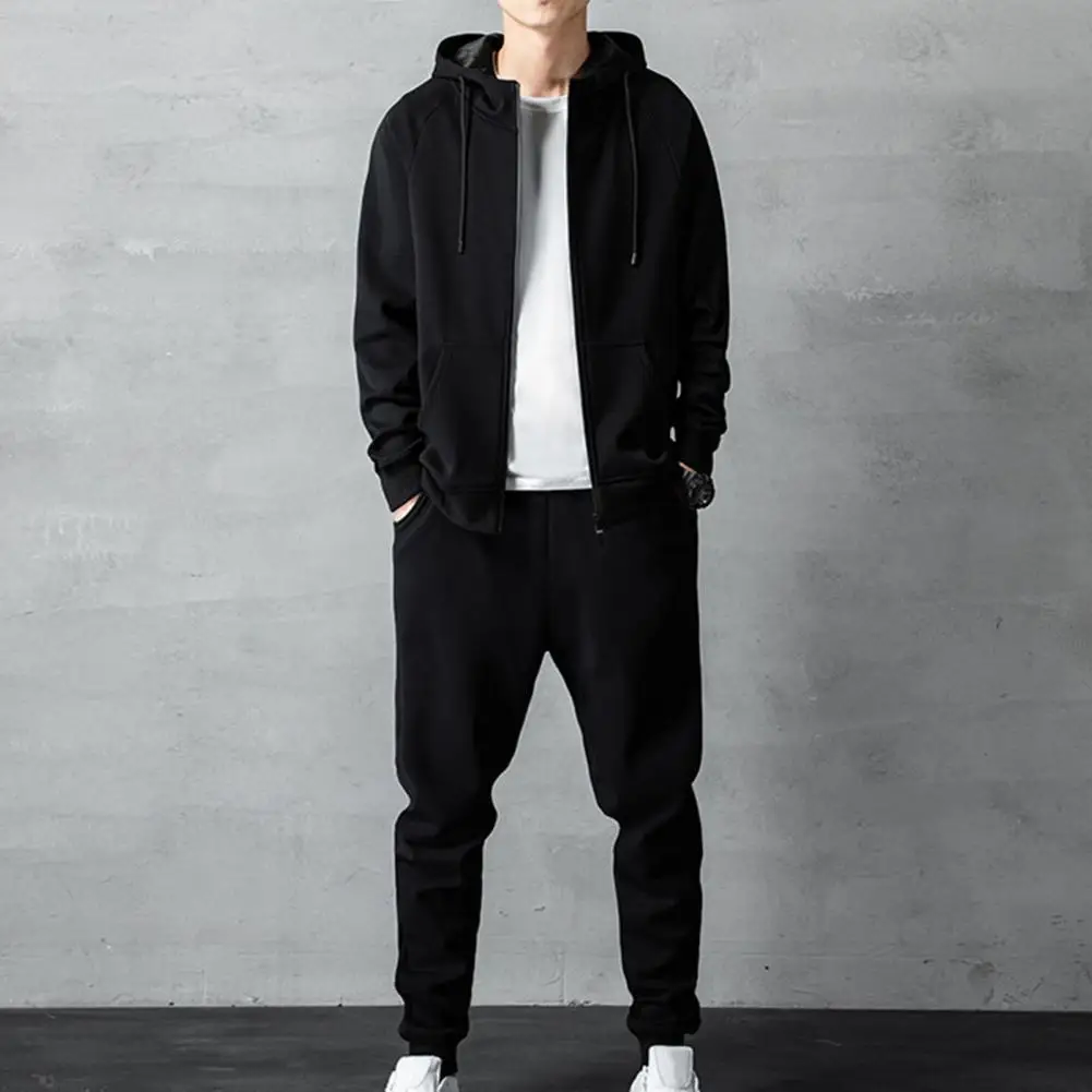 

Men Tracksuit Hoodie Pants Two Piece Zipper Ribbed Cuff Casual Jacket Jogger Suit Sweatpants Solid Color Sweatshirt Pants Set