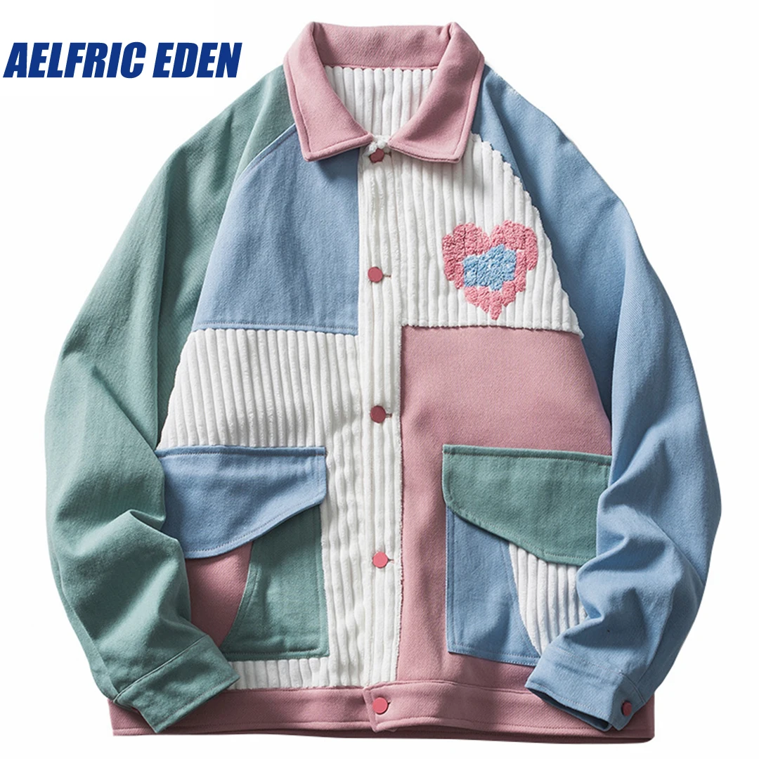 Aelfric Eden Color Block Patchwork Corduroy Heart Varsity Jacket Y2K HipHop Streetwear 2023  Autumn Harajuku Casual Jacket Coat nemesis eden