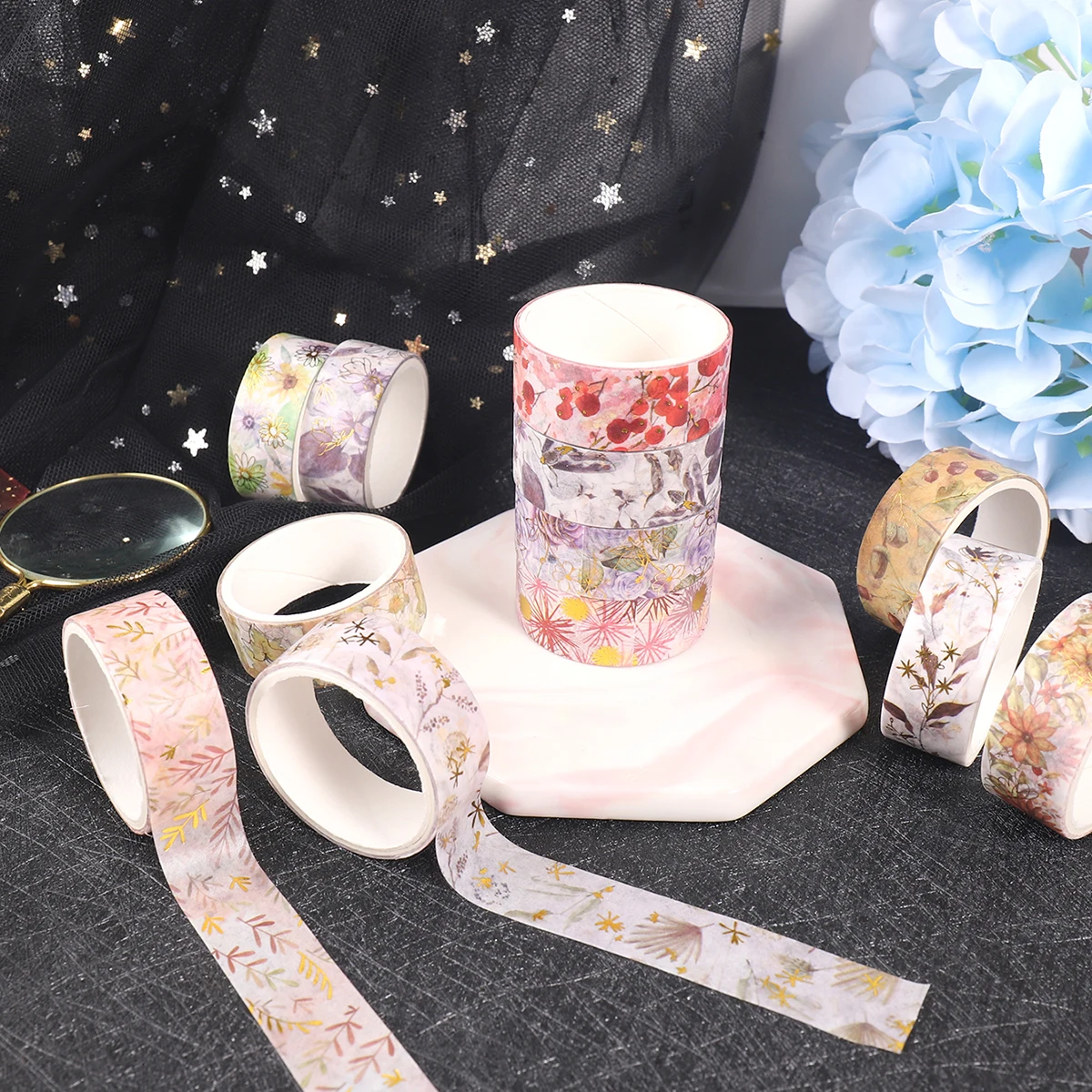 6 rolls/box of bronzing floral washi tape, flower print design pattern tape and notebook collage decoration, a gift for friends 6