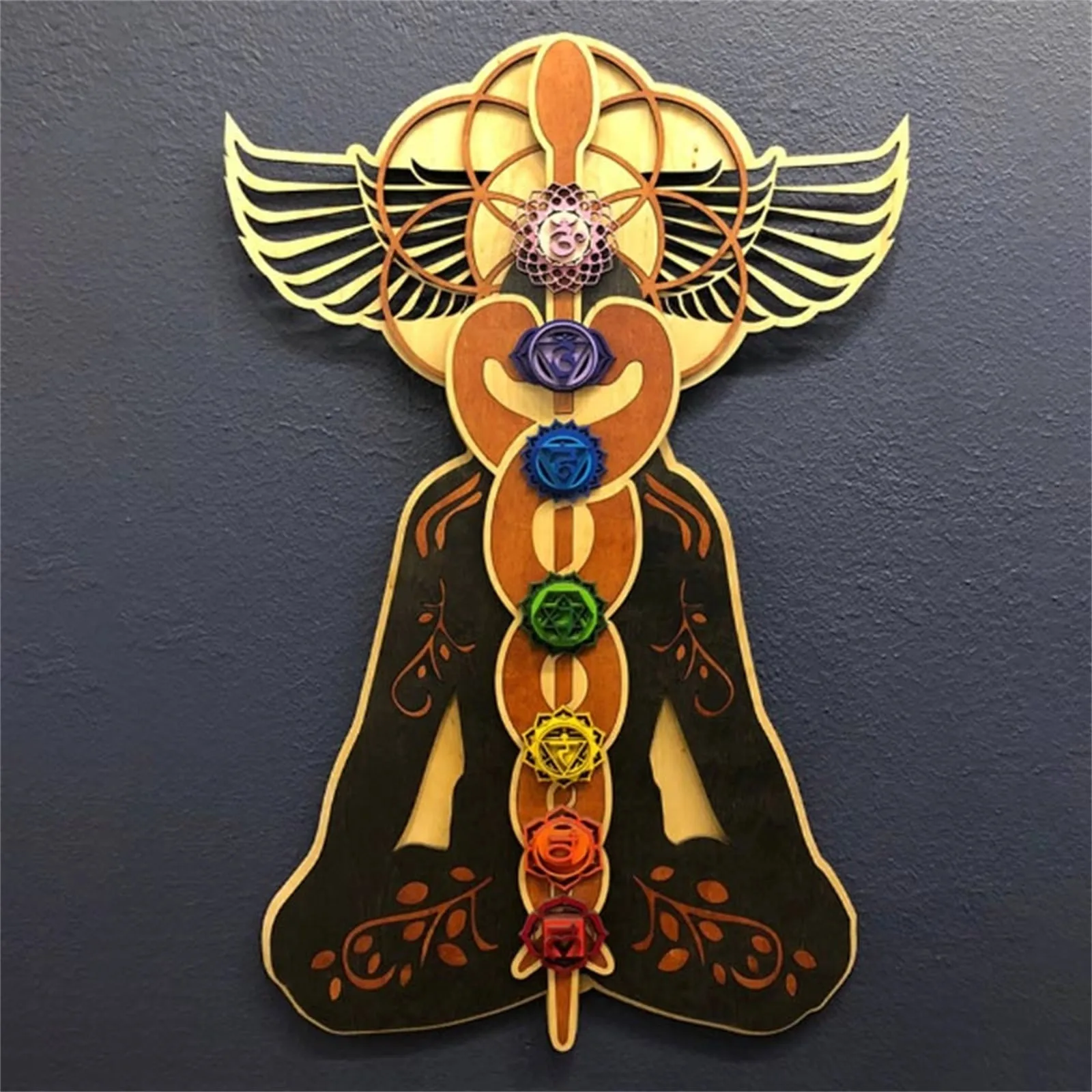 Kundalini Chakra Imitation Wood Wall Art Meditation Crafts Healing Decoration Pendants Hanging Ornaments Gift Home Decor 2