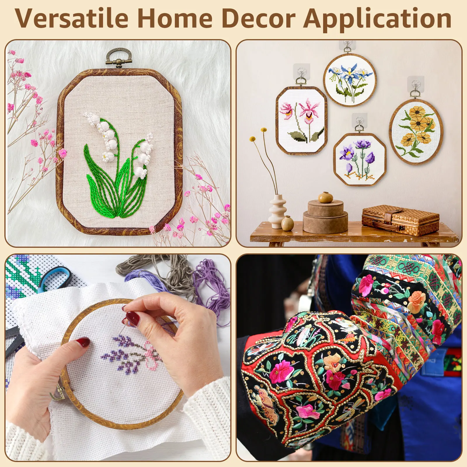New 9Pcs Large Embroidery Hoop Frame Imitated Wood Embroidery Display Frame Round Oval Octagonal Cross Stitch Hoop Rings Hanging