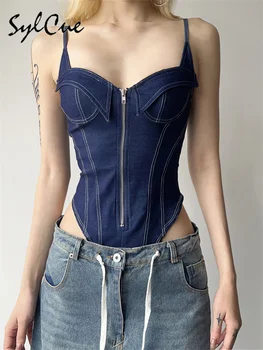 Sylcue 2023 Summer New Classic Retro Cool All-Match High Street Sexy Mature Charm Hot Women'S Zipper Jumpsuit Bodysuit 6