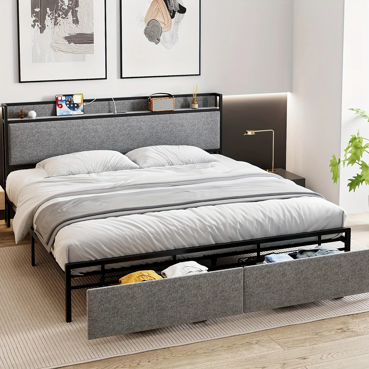 

1pc Queen Or Full Size Bed Frame With 2 Storage Drawers And Headboard, Upholstered Bed Frame Mattress Foundation With Charging S