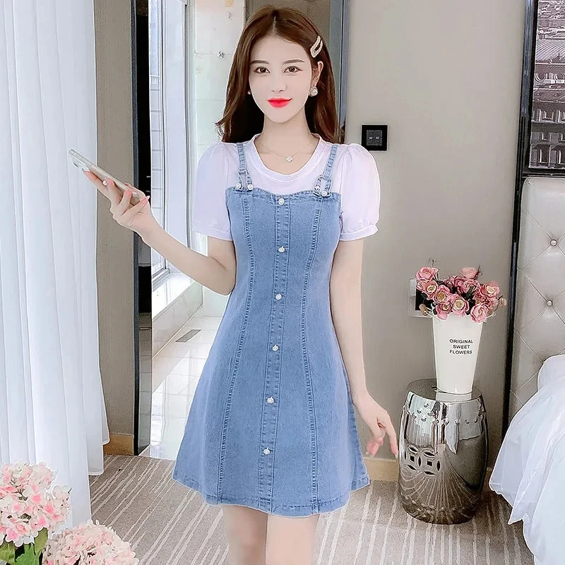 Denim Dresses T-Shirt Patchwork Two Fake Women Elegant Party Slim Summer Dress Woman Casual Korean Fashion Fresh Denim Vestidos