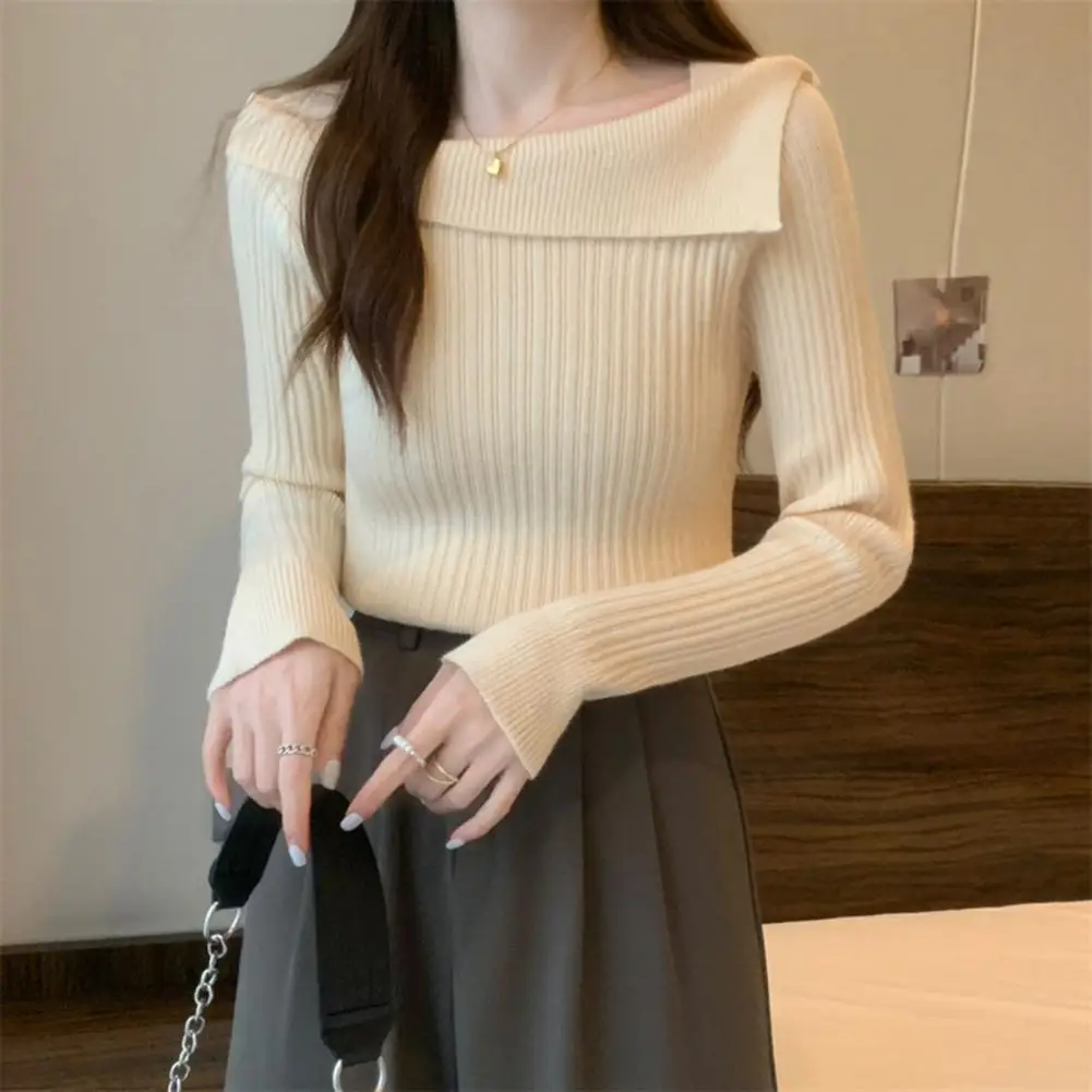 

Soft Stretchy T-shirt Lady Boat Neck Top Soft Knitted Long Sleeve Pullover for Women Slim Fit Sweater Blouse with Irregular Boat