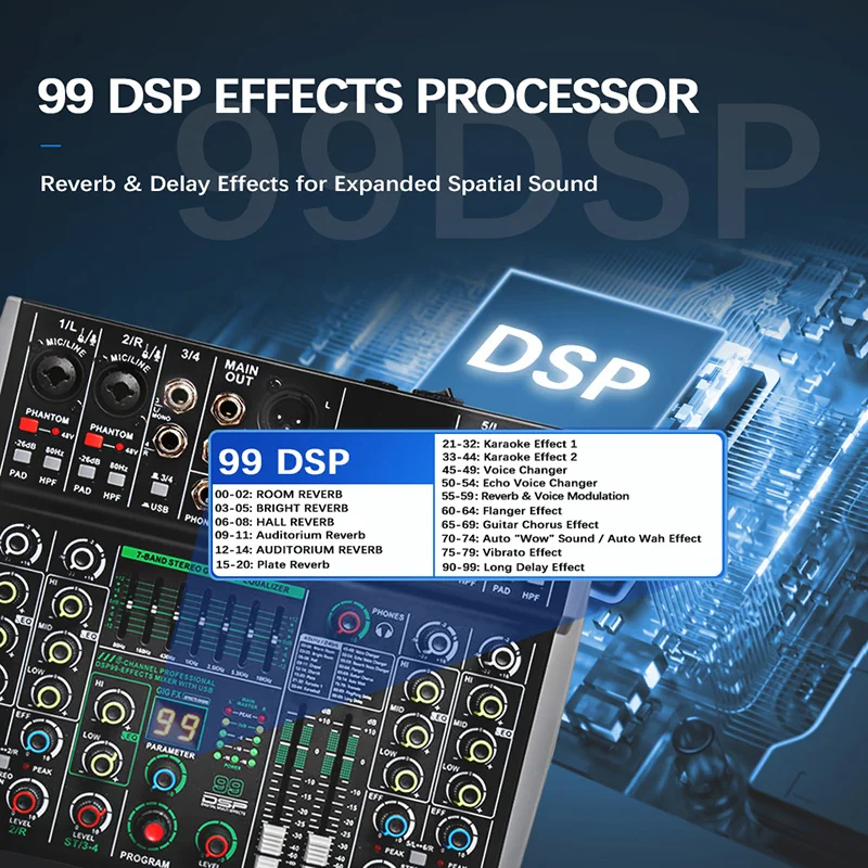 6채널 믹싱 콘솔 48V 99 DSP 이펙트 블루투스 로메호 오디오 DJ 믹서 USB PC 재생 녹음 팟캐스트 사운드 테이블