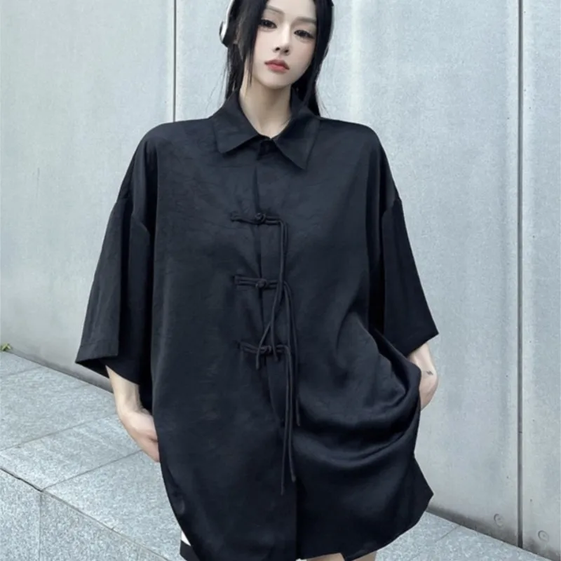 

New Chinese Style National Button Short Sleeve Shirt Women's Retro Lazy Loose Thin Mid Top
