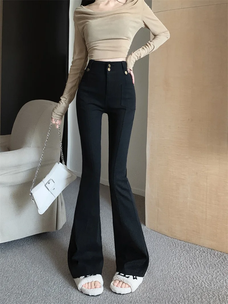 Black High Waist Jeans For Women Autumn Spicy Girls Versatile Micro Flare Straight Wide Leg Denim Pants