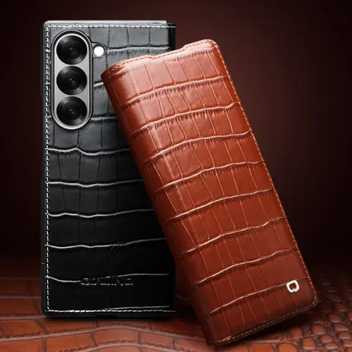 QIALINO For Samsung Galaxy Z Fold6 5G Case Crocodile Texture Genuine Cow Leather Flip Phone Cover - Black - Image 3