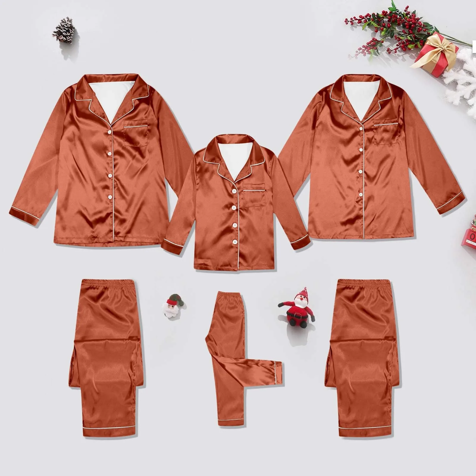 Conjunto de pijama de seda satinada para toda la familia, ropa de dormir navideña para el hogar, camisas de manga larga con solapas abotonadas y pantalones casuales