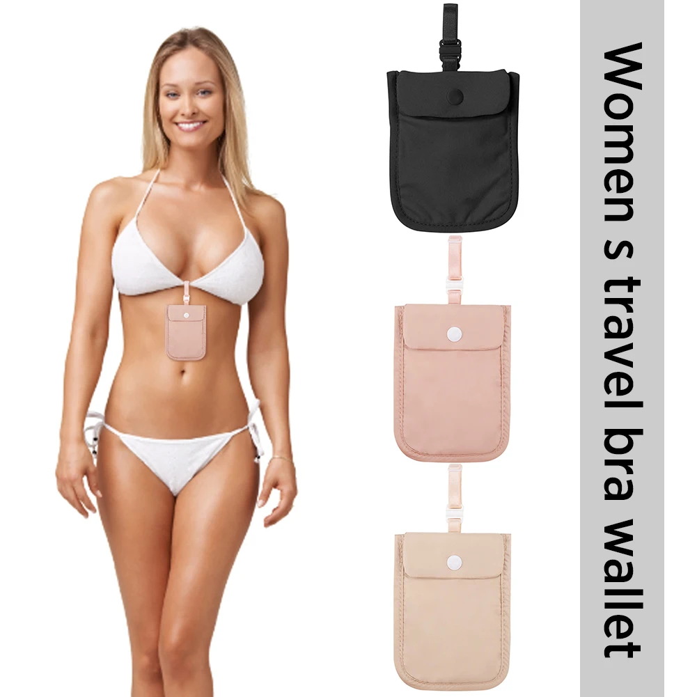 Women Hidden Bra Wallet Solid Color Travel Bra Wallet Flap Clasp Secret Travel Pickpocket Belt Cotton Ladies Pocket
