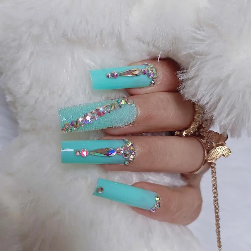 

24 шт. роскошные декоративные Длинные балетные накладные ногти квадратная голова Кристалл бриллиант накладные ногти светло-голубые