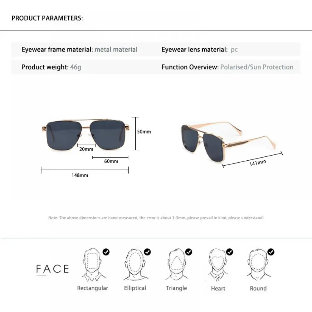 CATERSIDE Übergroße quadratische Sonnenbrille für Herren, Metallrahmen, flache Oberseite, Doppelbrücke, Pilotenbrille, Damen-Reise- und Fahrbrille – Detail 1