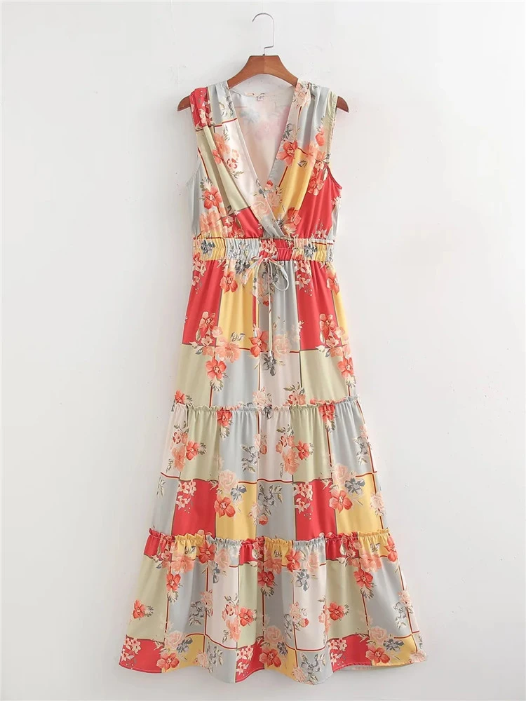 

Женское клетчатое платье без рукавов, Элегантное Длинное Платье для отдыха с цветочным принтом, эластичным поясом и V-образным вырезом на лето