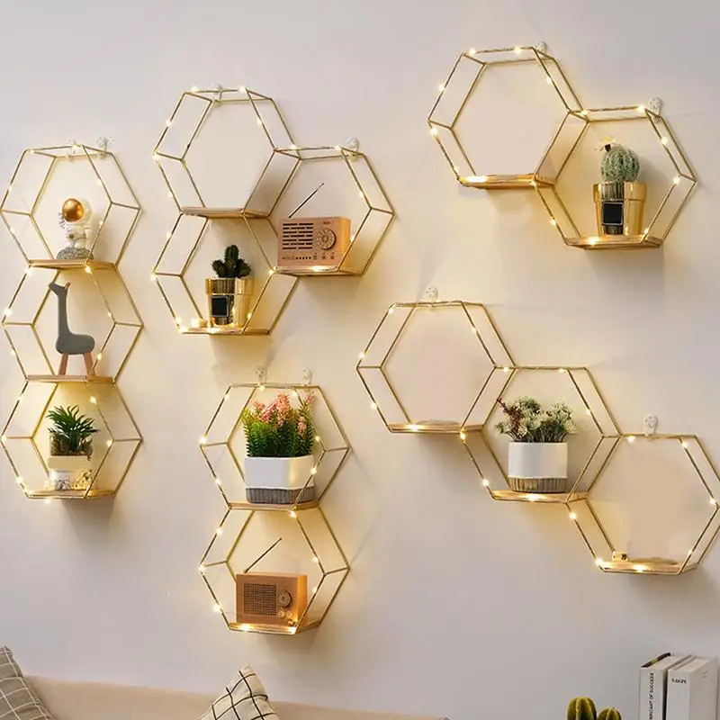 Floating Wall Shelf Sundries Storage Holder Living Room Home Decoration Wall Mounted Hexagon Shelf Handicraft Display Rack