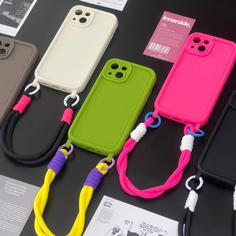 Fashion Candy Color Double Lanyard Bracelet Soft Phone Case For iPhone 16 15 14 13 12 11 Pro Max 14 15 Plus X XR XS Max 7 8 Plus_voghion.com