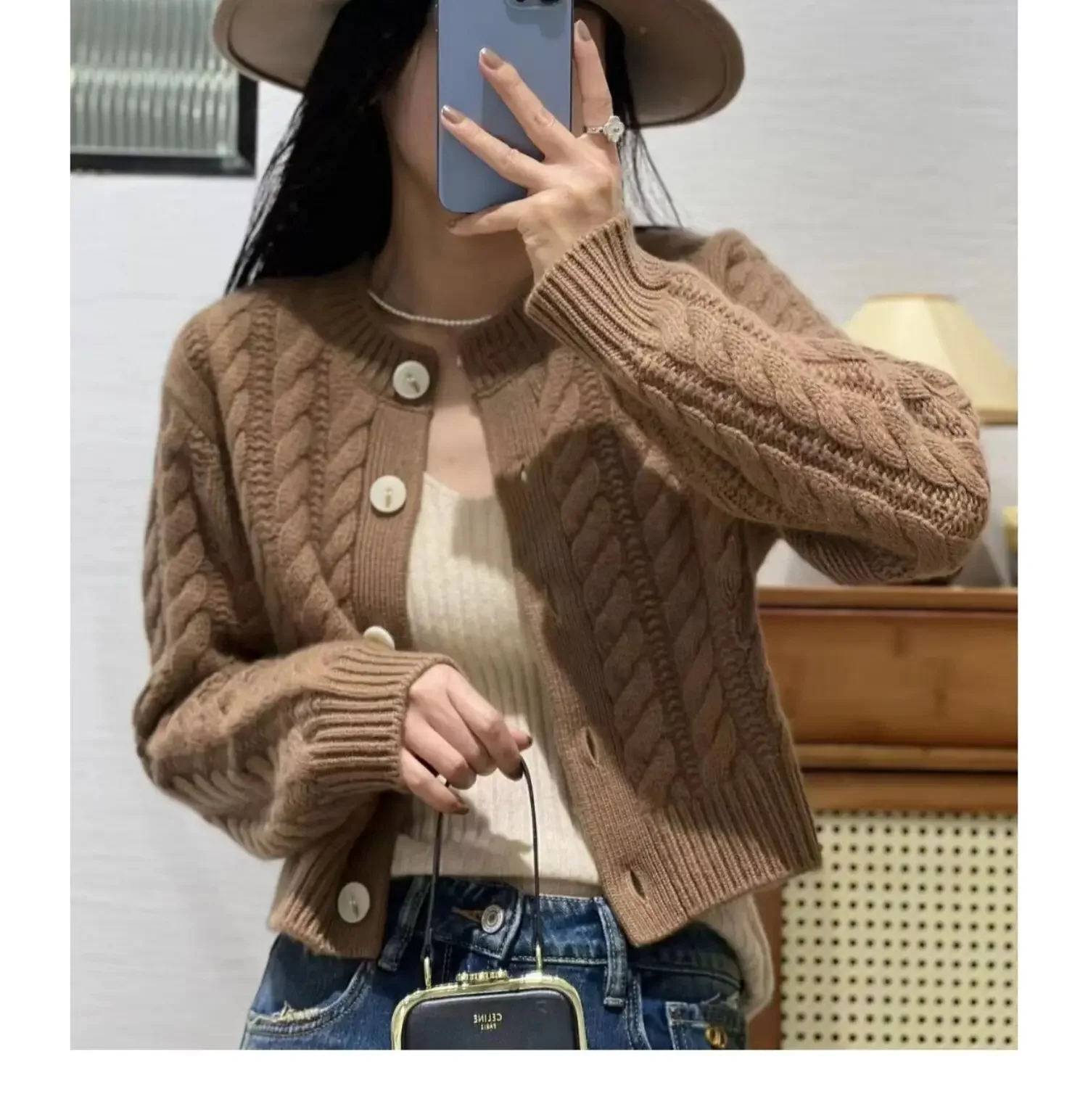 

Women's Pure Cashmere Wool Sweater Round Neck Twists Short Cardigan Autumn Winter Casual Knit Top Female Thickened Warm Jacket