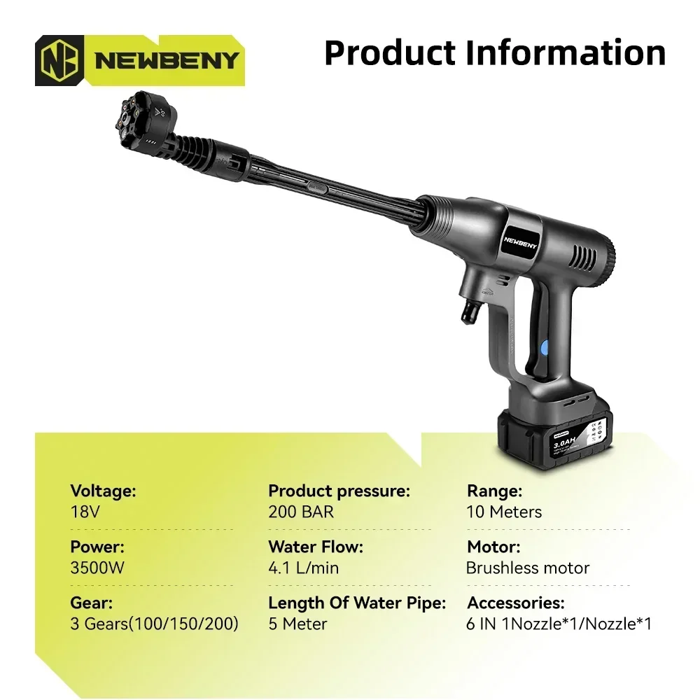 NEWBENY 200Bar Brushless Electric High Pressure Washer 3Gear Cordless Car Cleaning Garden Irrigation Tool For Makita 18V Battery 2