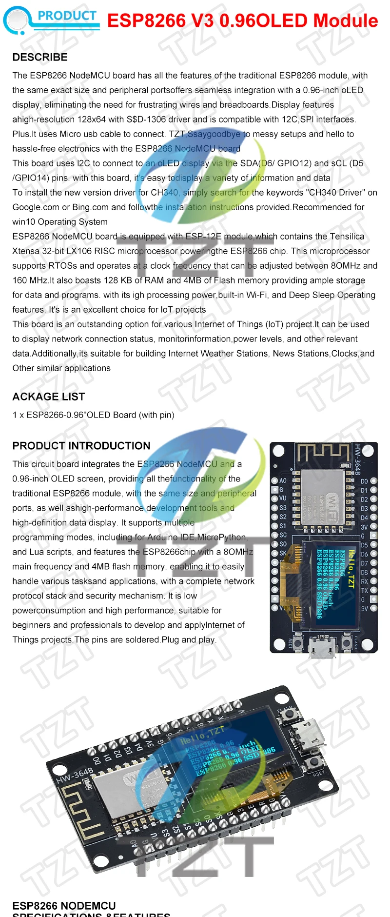 TZT 1PCS NodeMCU ESP8266 Entwicklungsboard mit 0,96 Zoll OLED-Display CH340G ESP-12F Modul TYPE-C USB für Arduino/Micropython – Detail 1