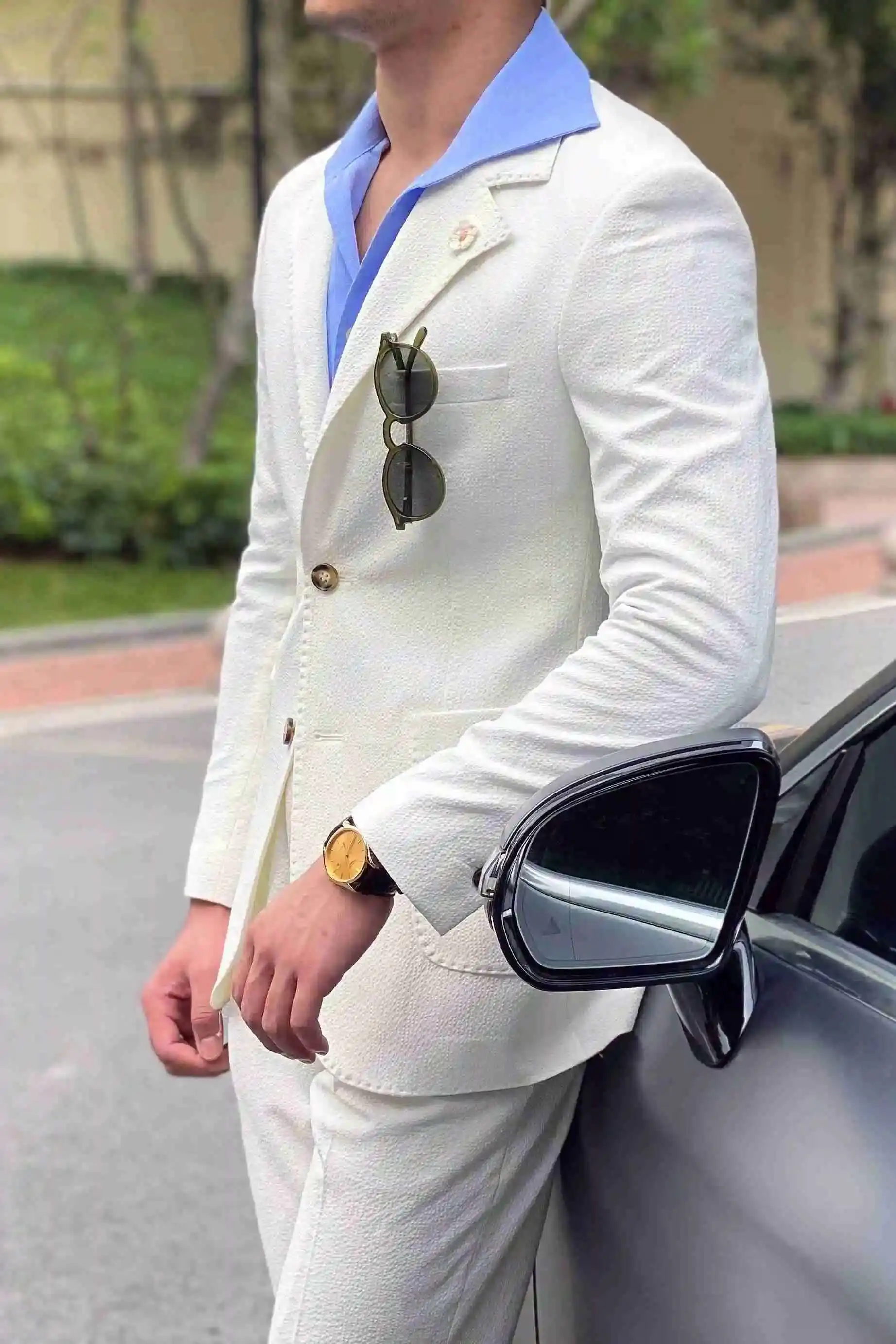 New Summer Seersucker Suit Men Italian Style British Slim Fit Casual White Suit Trendy Man Smoking Homme Mariage Men Tuxedo