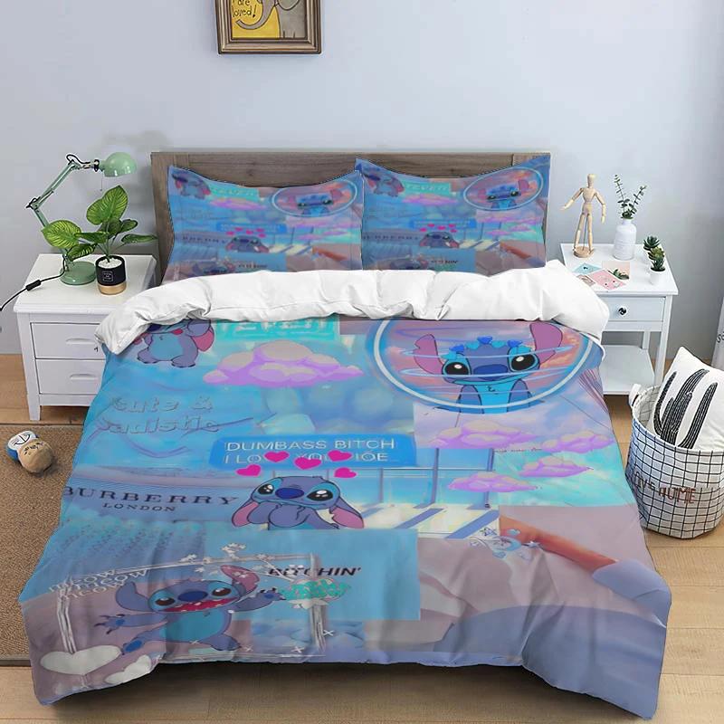 thumbnail image 1 of Disney Cartoon Cute Stitch Print Three Piece Bedding Set Cover Set With Pillowcase Children or Adults King Queen Full Twin Size, 1 of 5