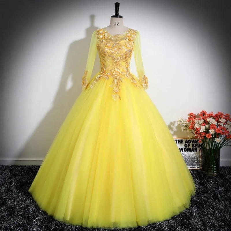 Robe de Bal Jaune Éclatante avec Broderies Or et Tulle
