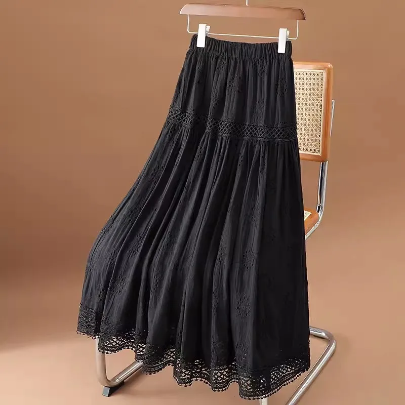 

Crochet Hollow Out Cotton White Long Skirt High Waist A-line Skirts For Women 2024 Spring Summer
