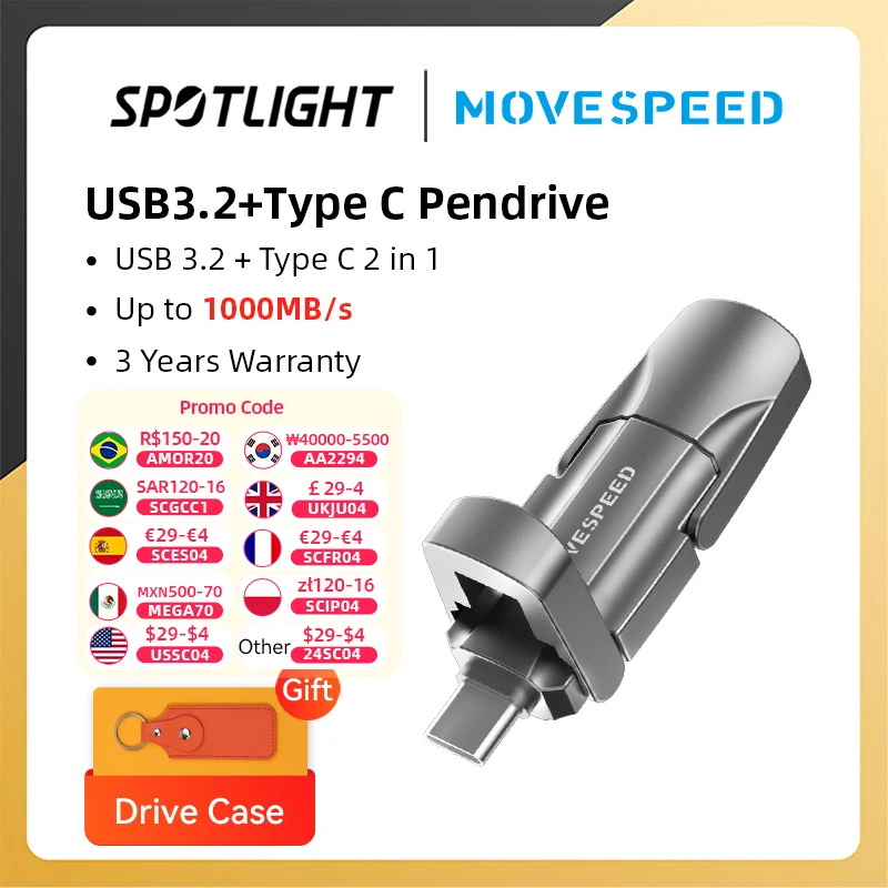 

MOVESPEED 1000MB/s Solid State Pen Drive USB3.2 Gen 2 Type C Flash Drive 1TB 512GB 256GB 128GB Pendrive for PC Smartphone Tablet