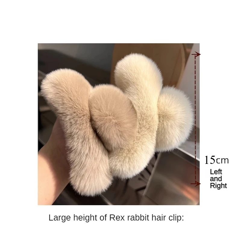 Natural Rex Rabbit Fur Big Crab Hair Clip for Girls Rabbit Hair Claw Clips Cute Ponytail Women's Barrettes Fluffy Hair Crab
