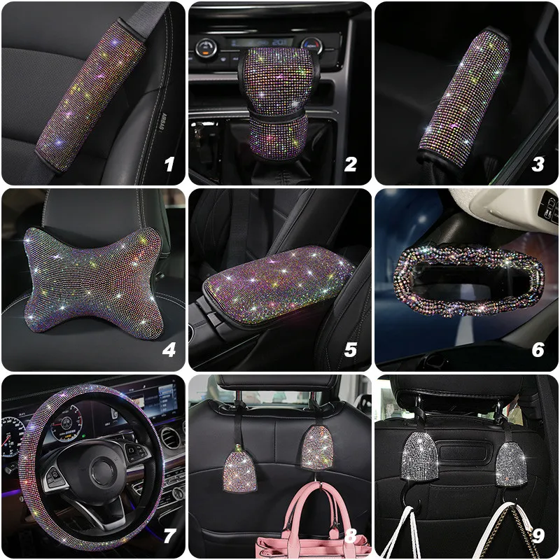 

Color Bling Rhinestone Car Steering Wheel Cover Universal Shoulder Seatbelt Cover Handbrake Gear Cover Car Styling Interior