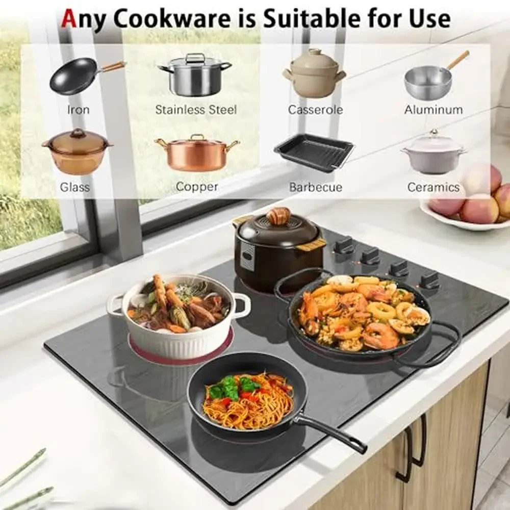 Electric Cooktop 30 Inch Knob Control Stove Glass Ceramic 4 Burners Beautiful Wooden Pattern 220V 1200W/1800W/1250/2500W(Dual
