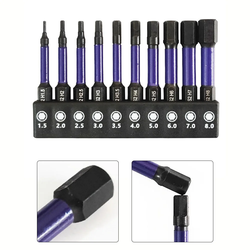 

10pcs Hexagon Screwdriver Bit Magnetic H1.5-H6 Hex Head 1/4'' Hex Shank 50mm Screwdriver Bit For Impact Screwdrivers