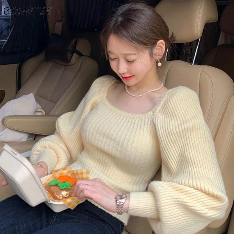 

Свитер, пуловеры, Женский Облегающий мягкий вязаный пуловер с рукавами-фонариками, уютная Классическая Женская Мягкая Повседневная простая Свитер, женская одежда