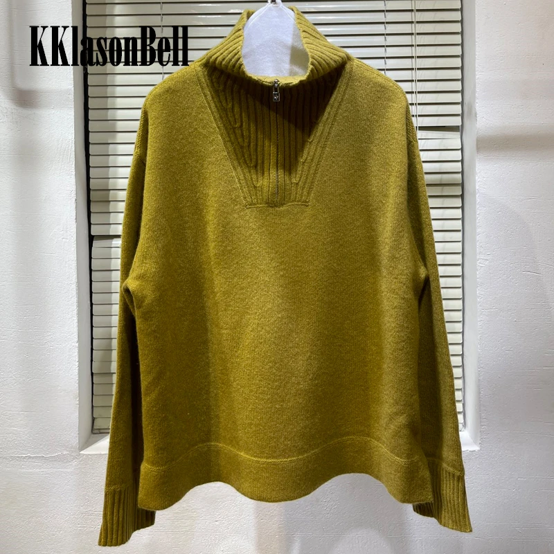 

10.28 KKlasonBell Half Zipper Turtleneck Split Cuff Solid Color High Quality 100% Cashmere Knitted Pullover Sweater Women