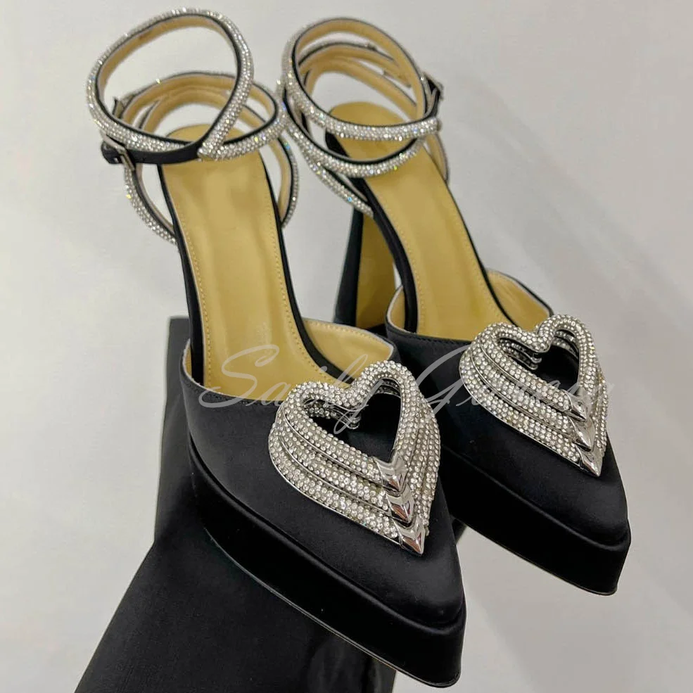 Platform Pointed Toe Hollow Silk High Heel Sandals Women Love Rhinestone Ribbon Square Toe Ankle Strap Wedding Shoes For Ladies