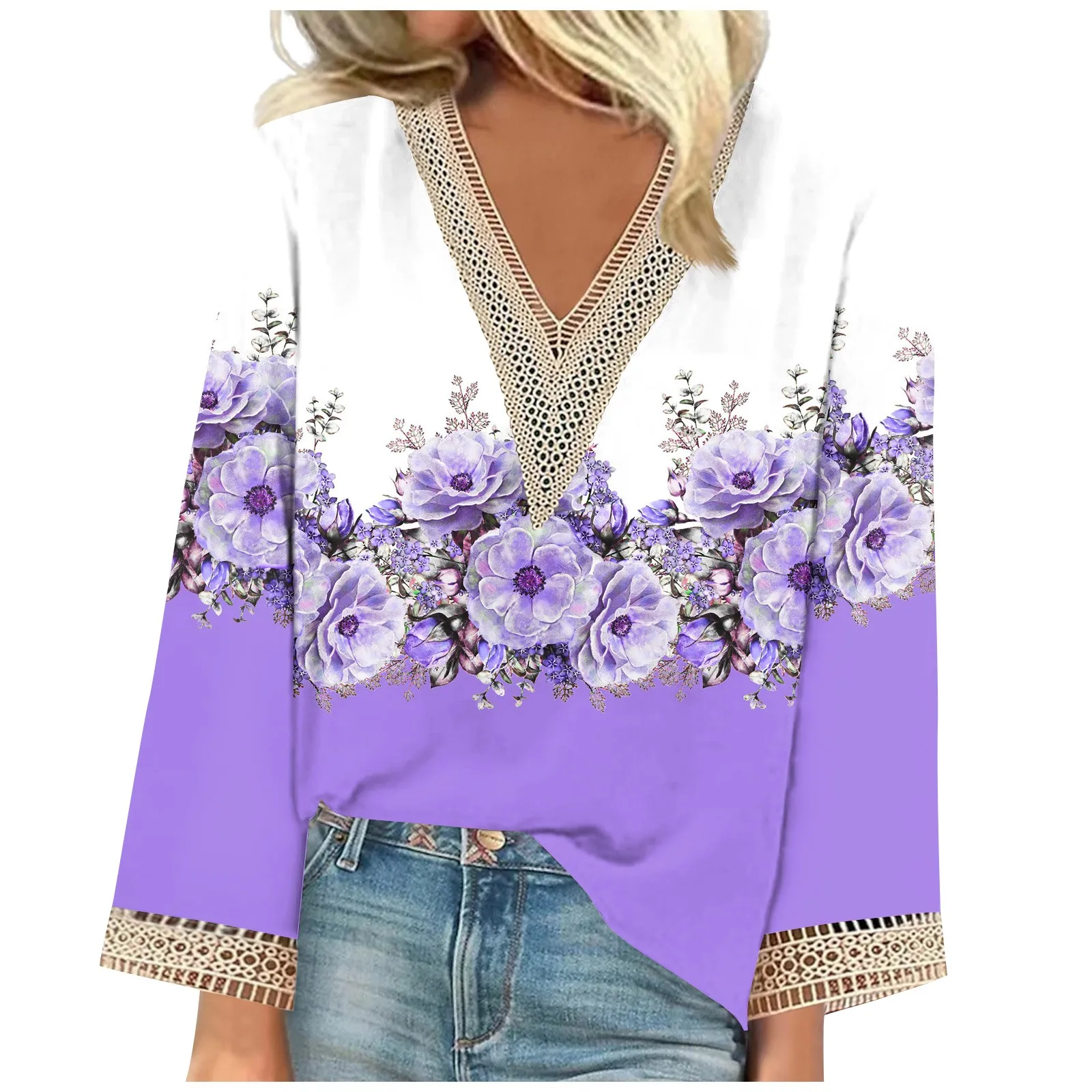 

Woman'S Shirt Blouse Casual Loose Shirts Long Sleeve Lace Trims Printing V Neck Tops Print Tops T-Shirts Tee Ropa De Mujer New