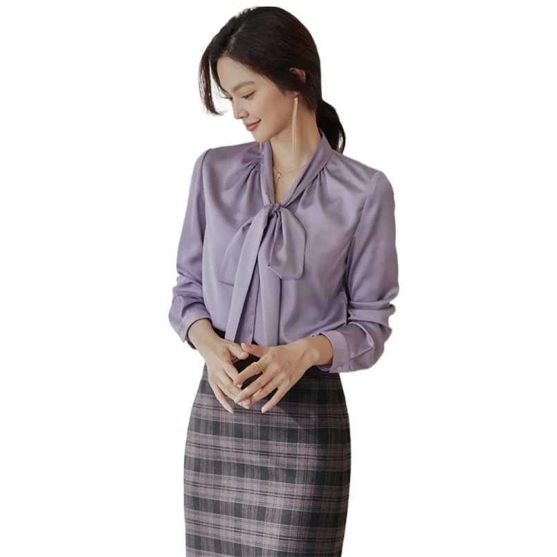

Luxury Solid Color Elegant Silk Women Shirts Satin Bow Tie Long Sleeve Autumn Spring Blouses Tops Office ladies Business Shirts