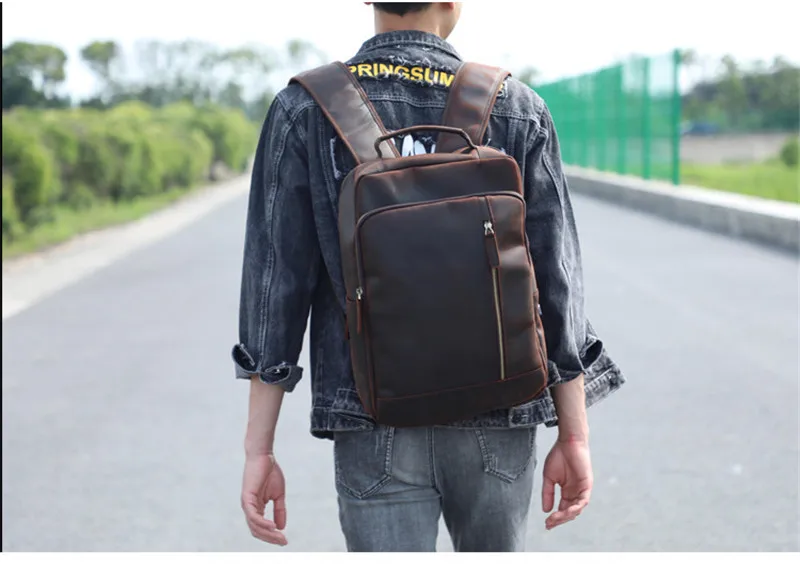Vintage Crazy Horse Rindsleder Herrenrucksack, hochwertiger, luxuriöser, natürlicher Echtleder-Rucksack für Outdoor-Reisen, Laptop-Rucksack, Schultasche – Detail 4