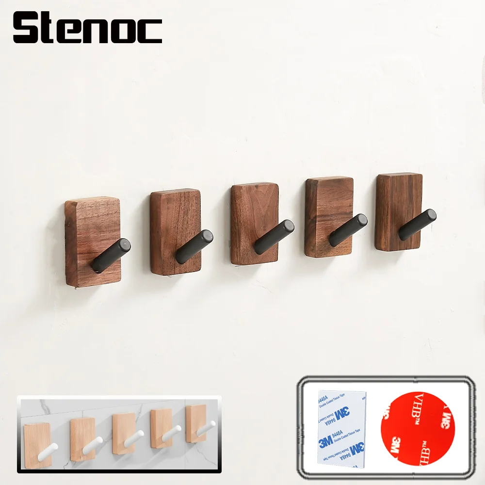 No Punching White/Black Walnut Coat Hooks Wall Hanging Bathroom Hooks For Towel & Coat Wooden Decorative Wall Hanger