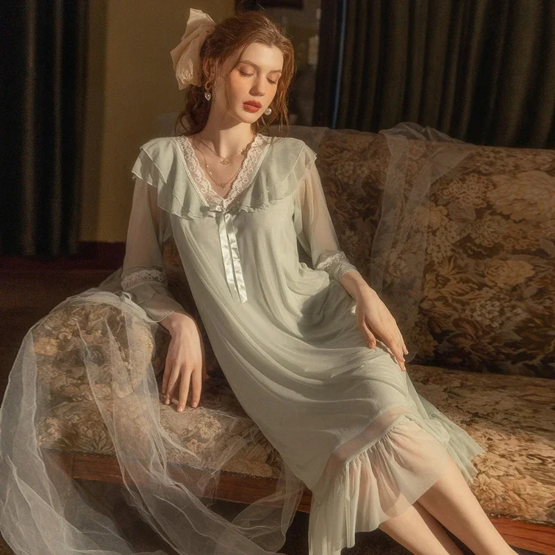 

Сексуальное весеннее Сетчатое Ночное платье, женская винтажная свободная ночная рубашка с V-образным вырезом, Милая Кружевная длинная ночная рубашка, ночная рубашка принцессы, одежда для сна