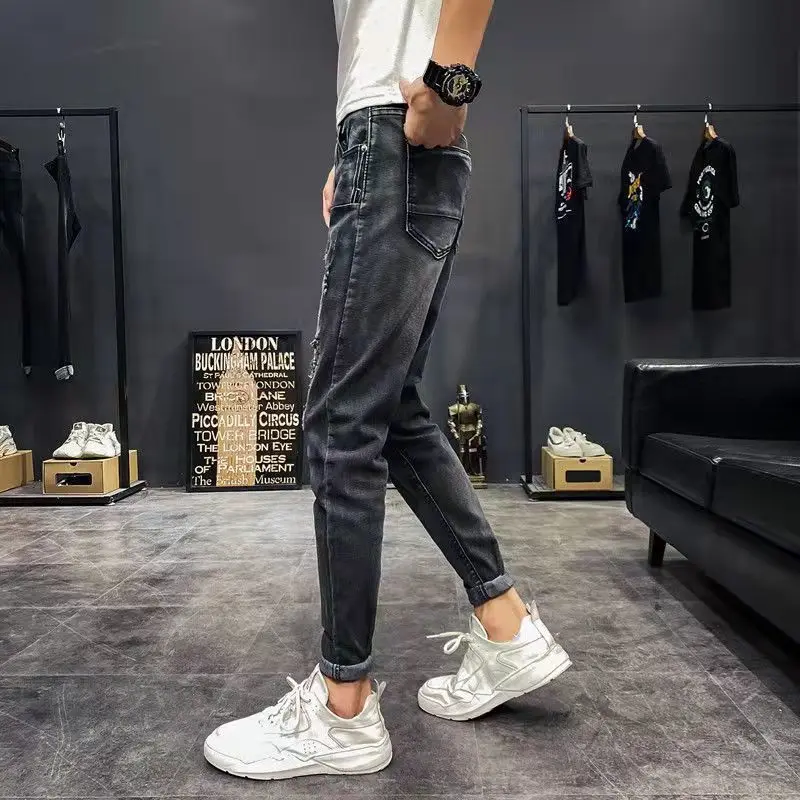 Social Slim Pencil Pants Pothole Ripped Jeans Men's Nine Points Korean Beggar Pants Leisure Spring Autumn Hip-hop Jeans