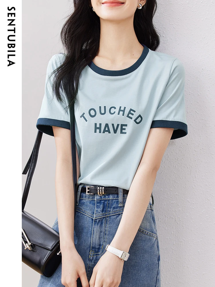 

Sentubila 100% Cotton Letter Print T Shirt for Women 2023 Summer Casual Crew Neck Tshirt Short Sleeve Contrast Tee Top 132T50043